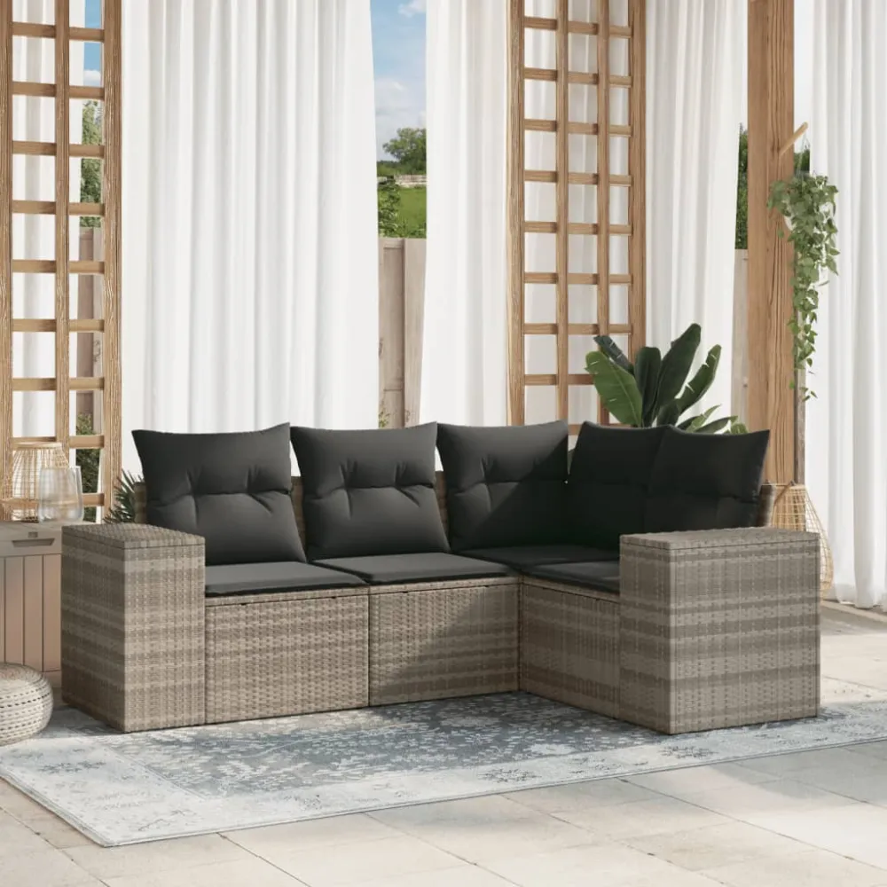 4-delige Loungeset met kussens poly rattan lichtgrijs vidaXL
