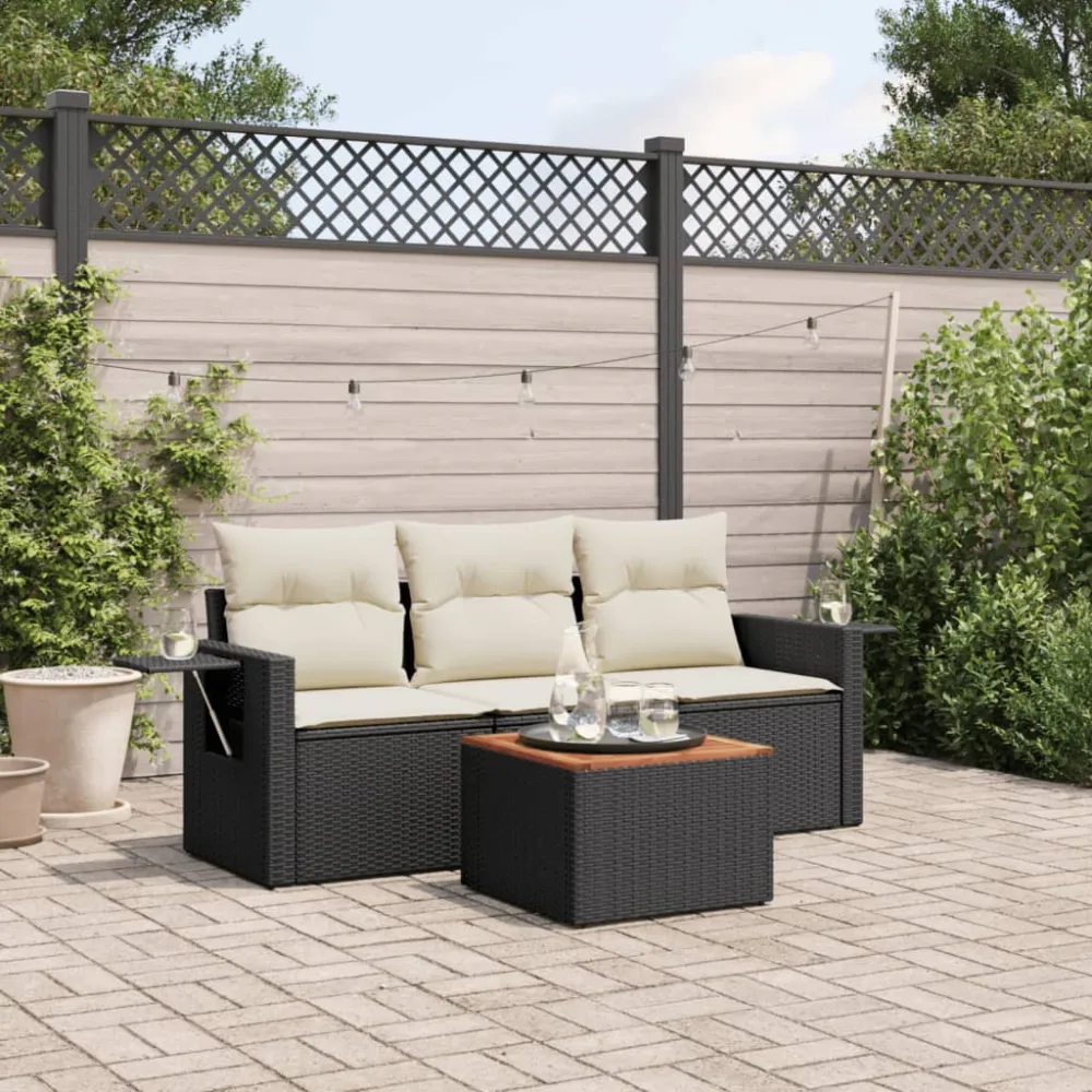 4-delige Loungeset met kussens poly rattan zwart vidaXL