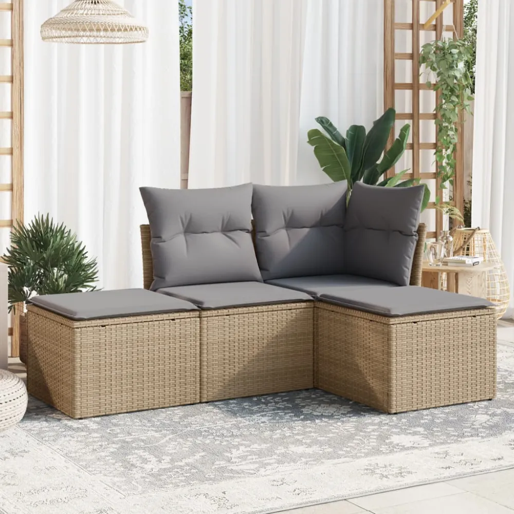 4-delige Loungeset met kussens poly rattan beige vidaXL