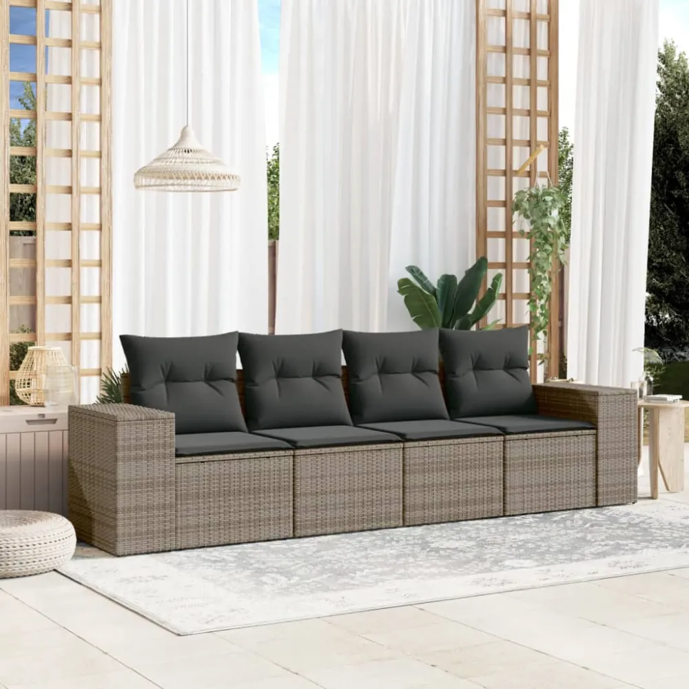 4-delige Loungeset met kussens poly rattan grijs vidaXL