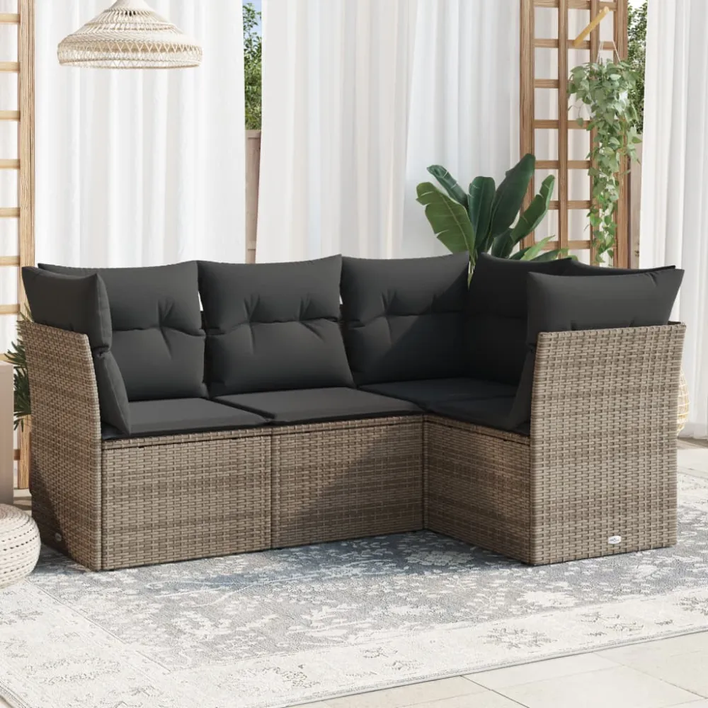 4-delige Loungeset met kussens poly rattan grijs vidaXL
