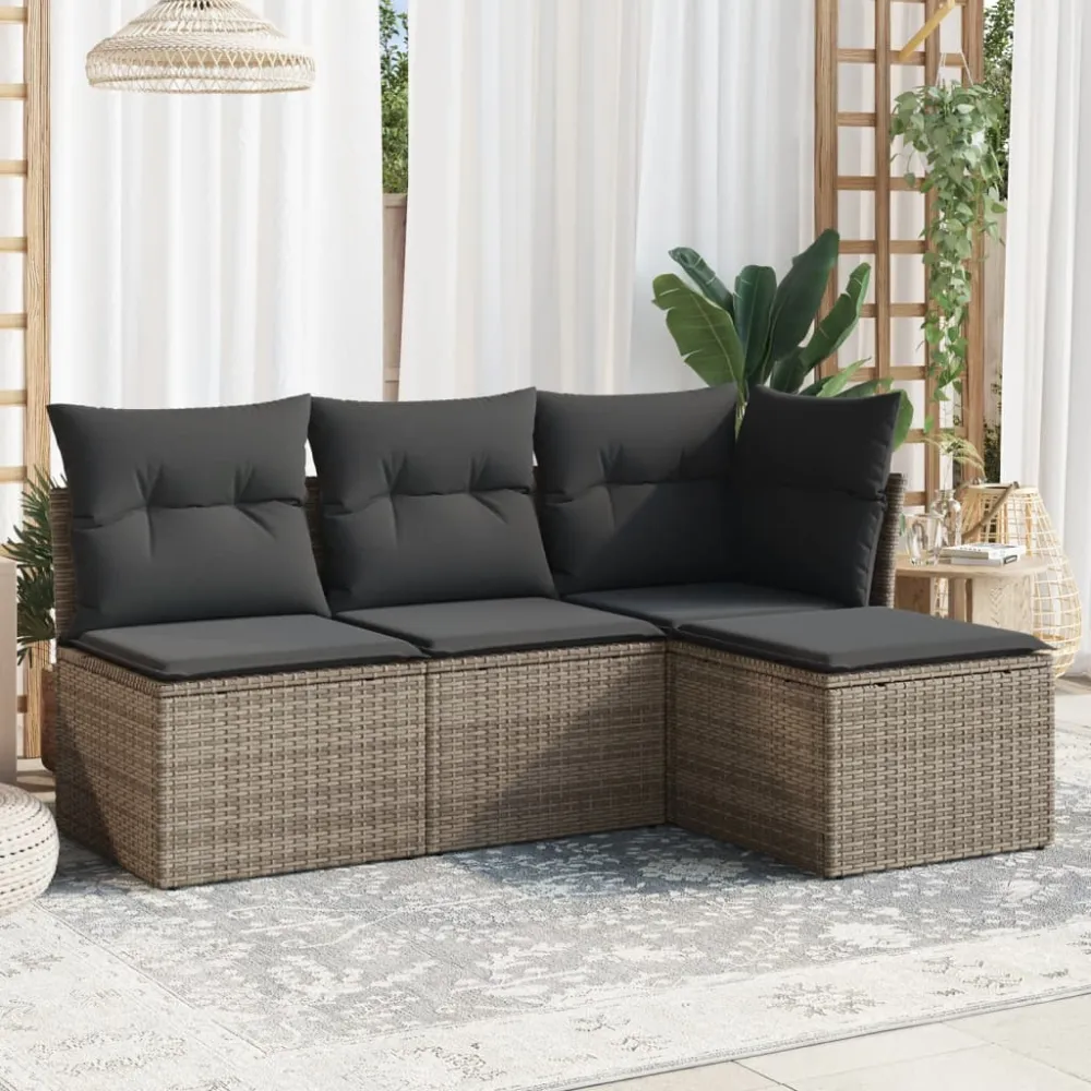4-delige Loungeset met kussens poly rattan grijs vidaXL