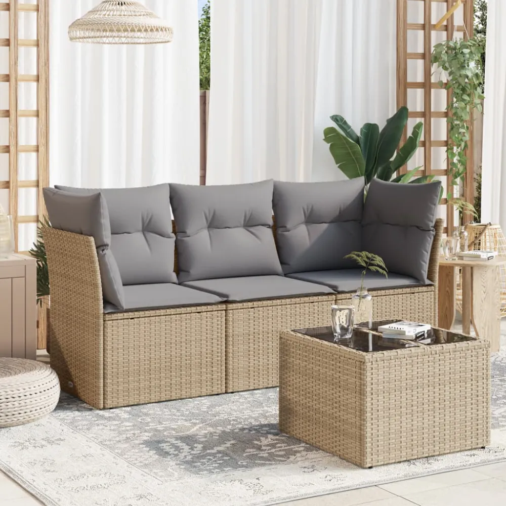 4-delige Loungeset met kussens poly rattan beige vidaXL