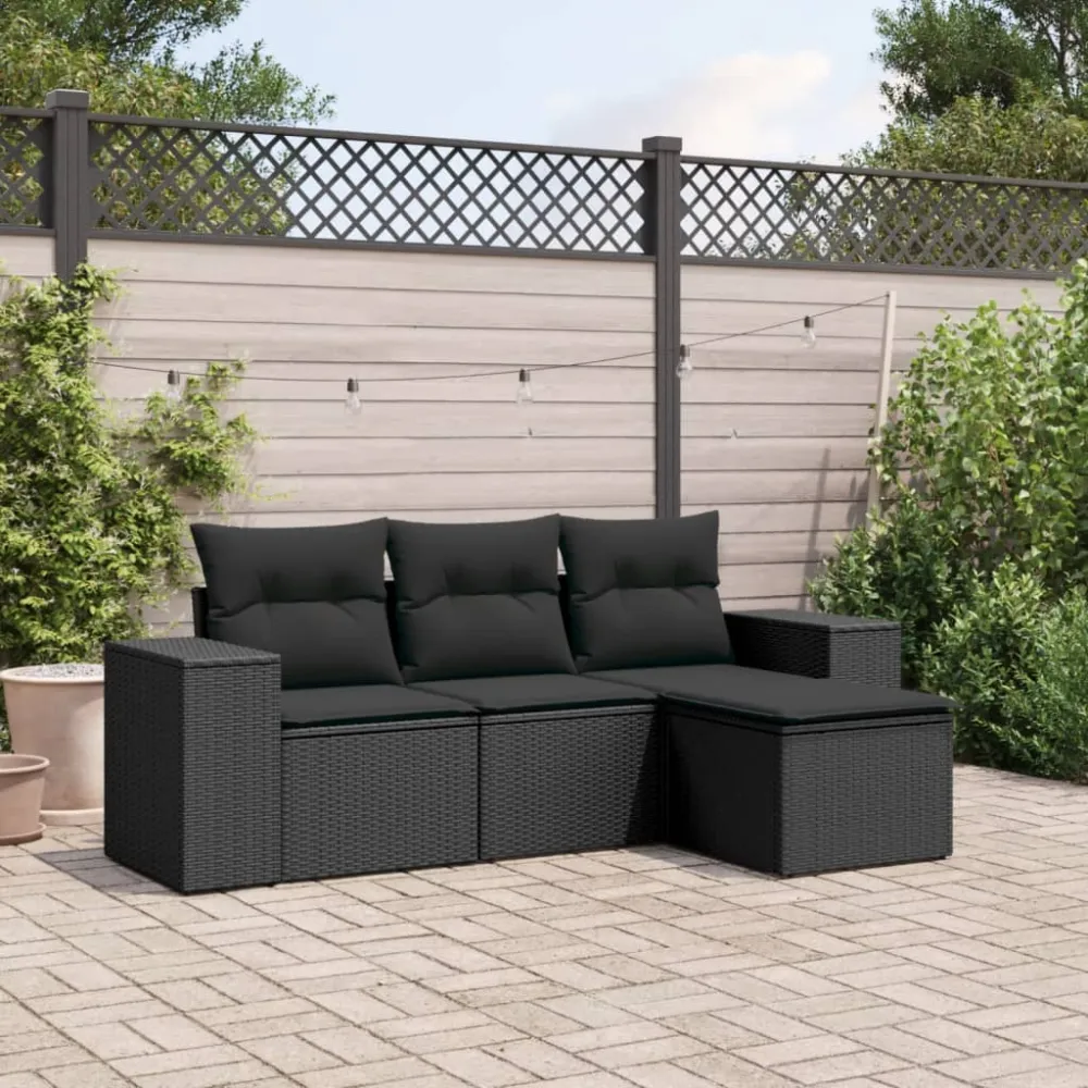 4-delige Loungeset met kussens poly rattan zwart vidaXL