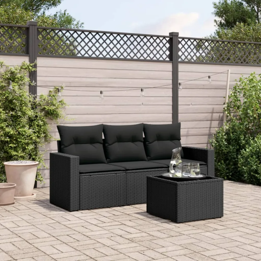 4-delige Loungeset met kussens poly rattan zwart vidaXL