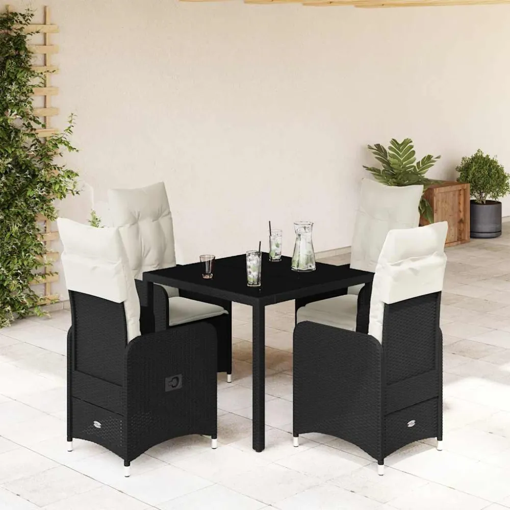 5-delige Bistroset met kussens poly rattan zwart vidaXL