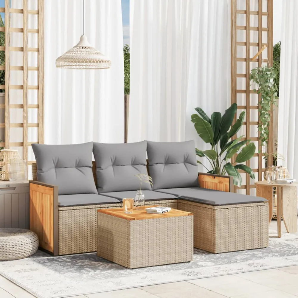 5-delige Loungeset met kussens poly rattan beige vidaXL