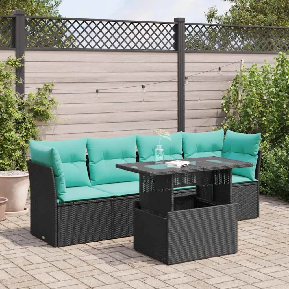 5-delige Loungeset met kussens poly rattan acacia zwart vidaXL