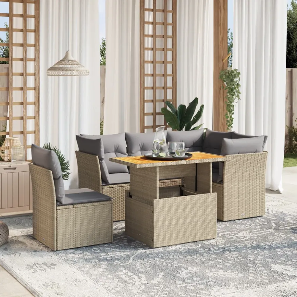 5-delige Loungeset met kussens poly rattan beige vidaXL
