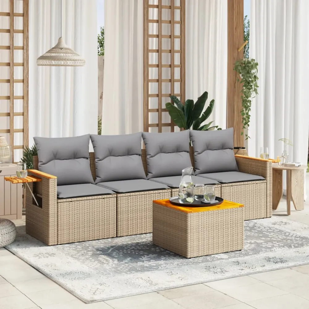 5-delige Loungeset met kussens poly rattan beige vidaXL