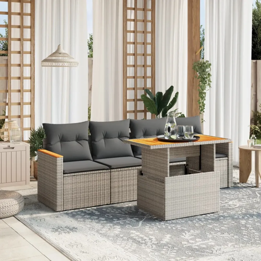 5-delige Loungeset met kussens poly rattan grijs vidaXL