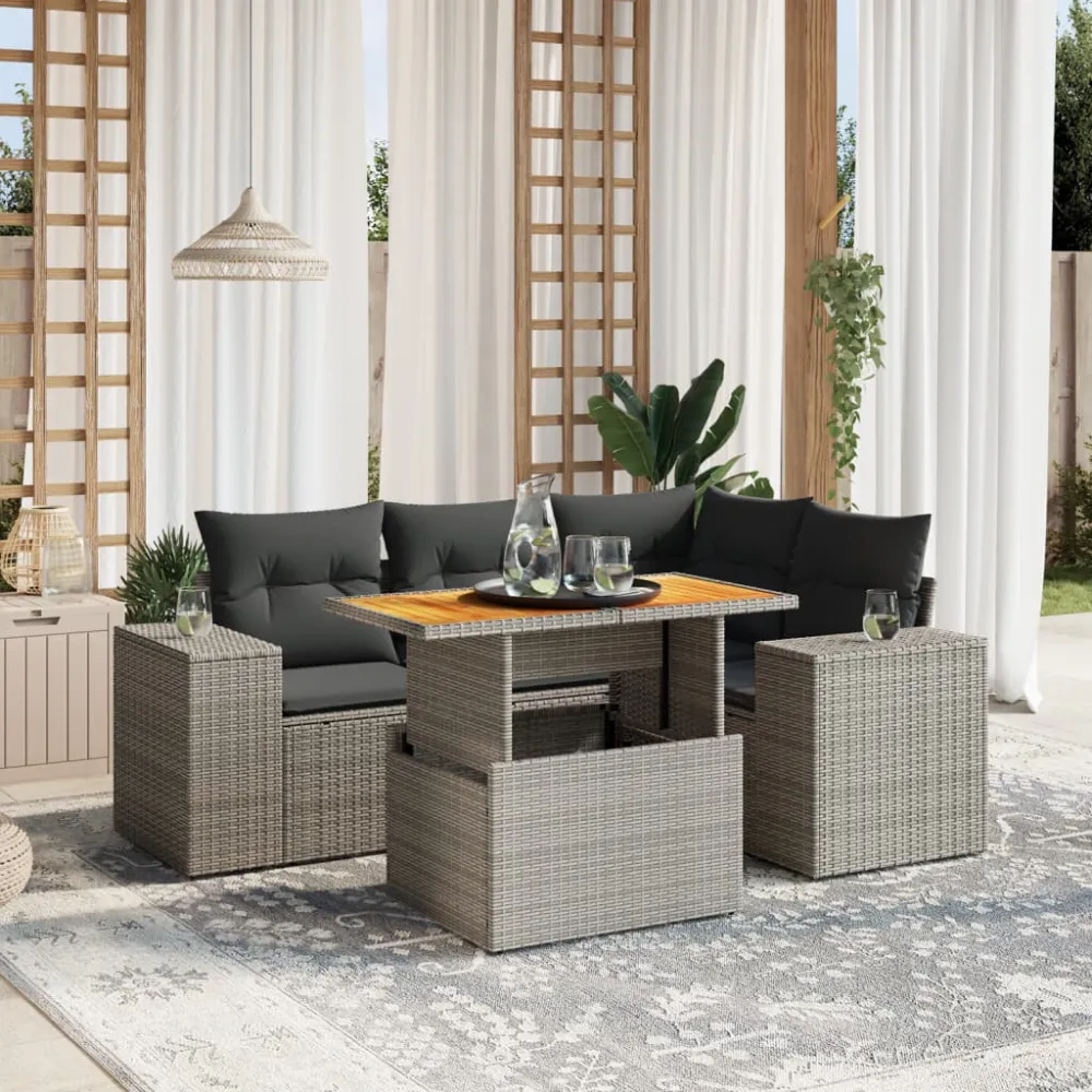 5-delige Loungeset met kussens poly rattan grijs vidaXL