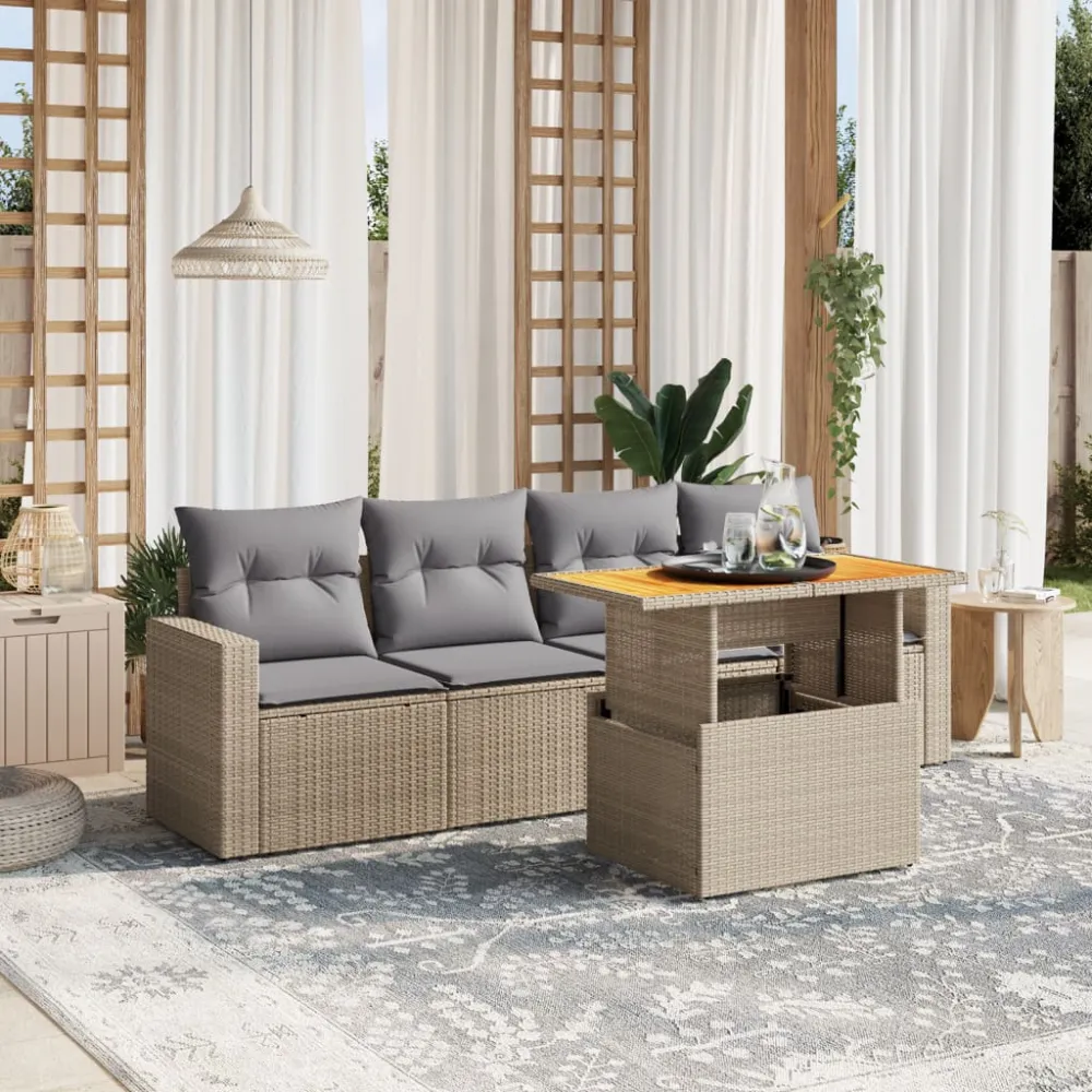 5-delige Loungeset met kussens poly rattan beige vidaXL