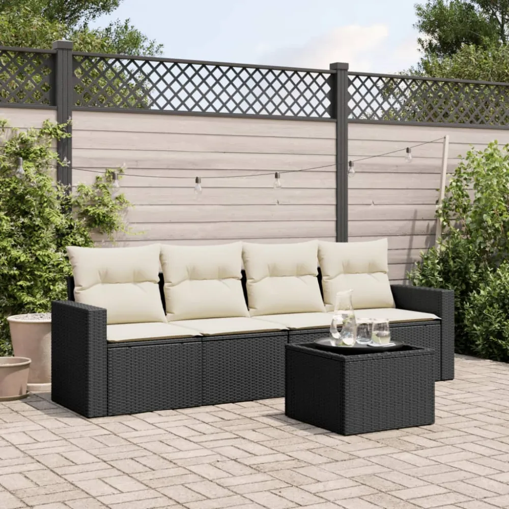 5-delige Loungeset met kussens poly rattan zwart vidaXL
