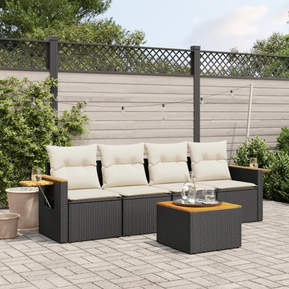 5-delige Loungeset met kussens poly rattan zwart vidaXL