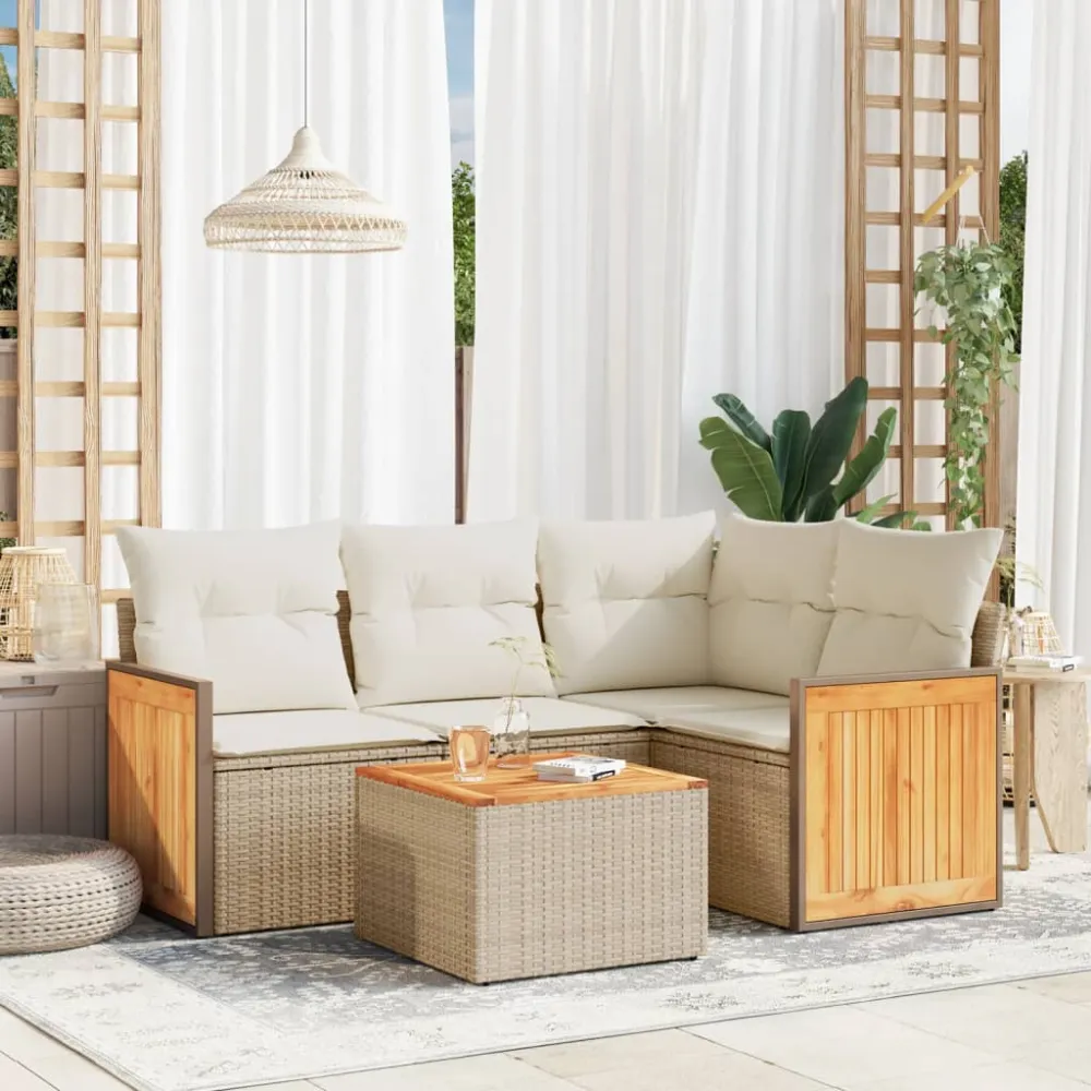 5-delige Loungeset met kussens poly rattan beige vidaXL