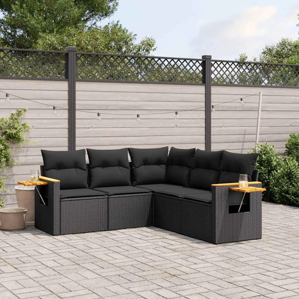 5-delige Loungeset met kussens poly rattan zwart vidaXL