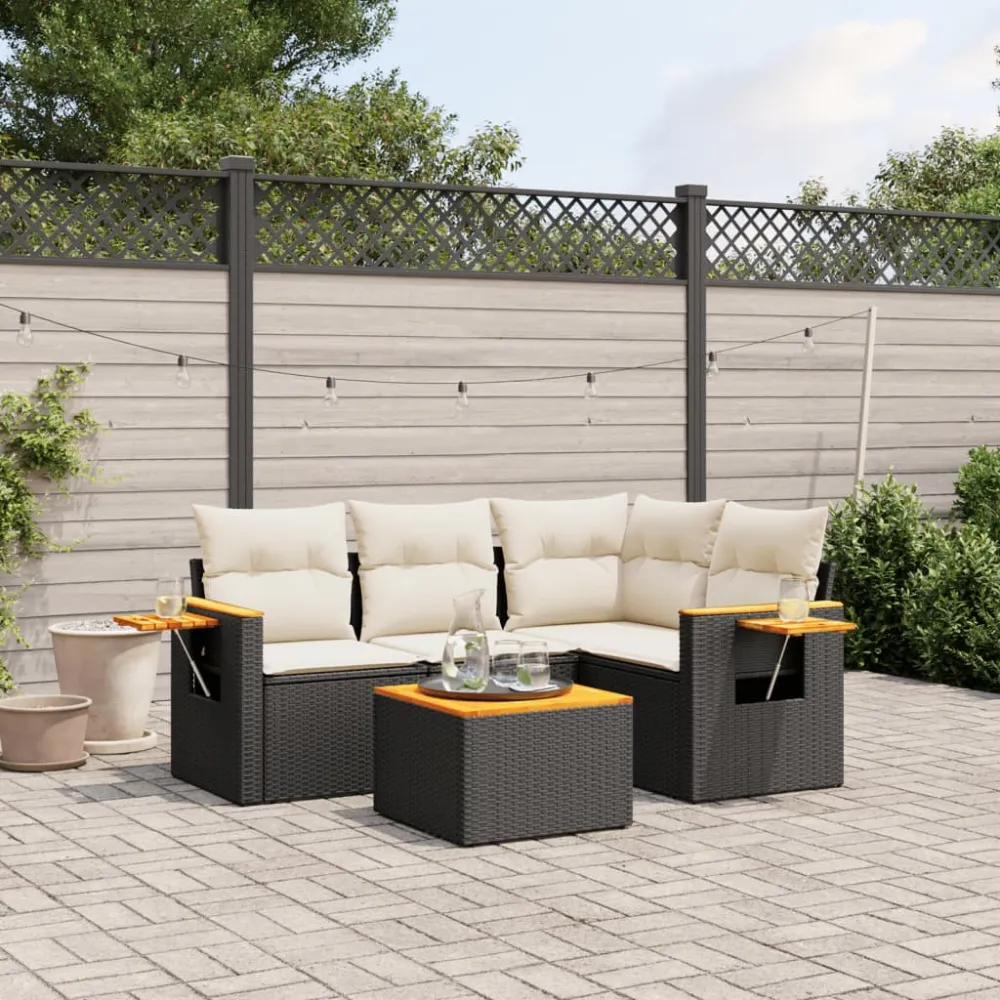 5-delige Loungeset met kussens poly rattan zwart vidaXL