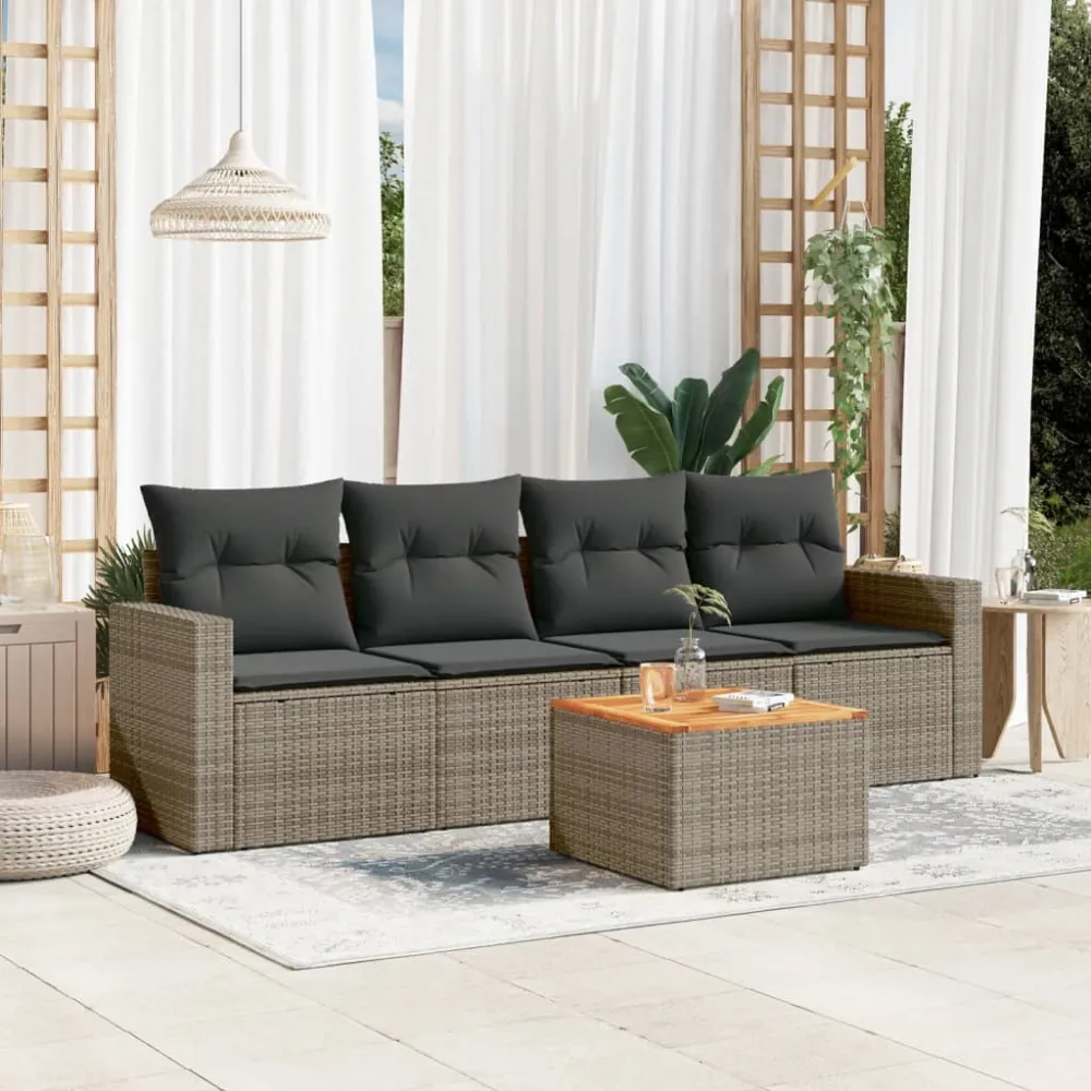 5-delige Loungeset met kussens poly rattan grijs vidaXL
