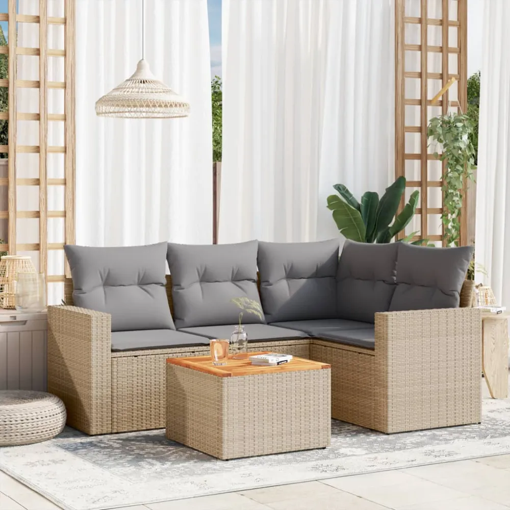 5-delige Loungeset met kussens poly rattan beige vidaXL