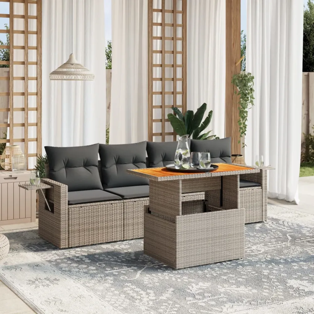 5-delige Loungeset met kussens poly rattan grijs vidaXL