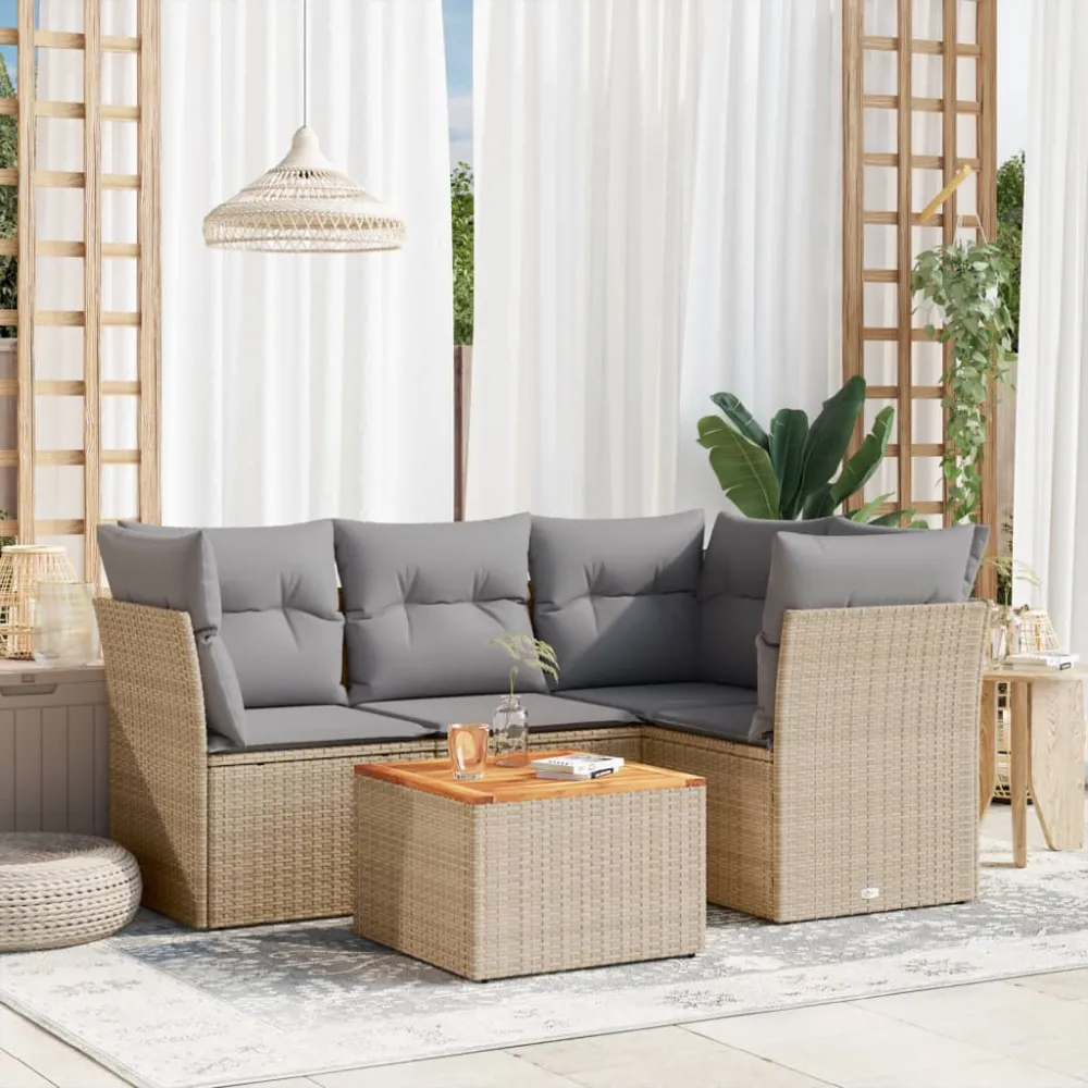 5-delige Loungeset met kussens poly rattan beige vidaXL