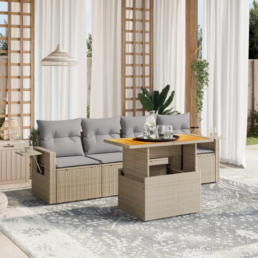 5-delige Loungeset met kussens poly rattan beige vidaXL