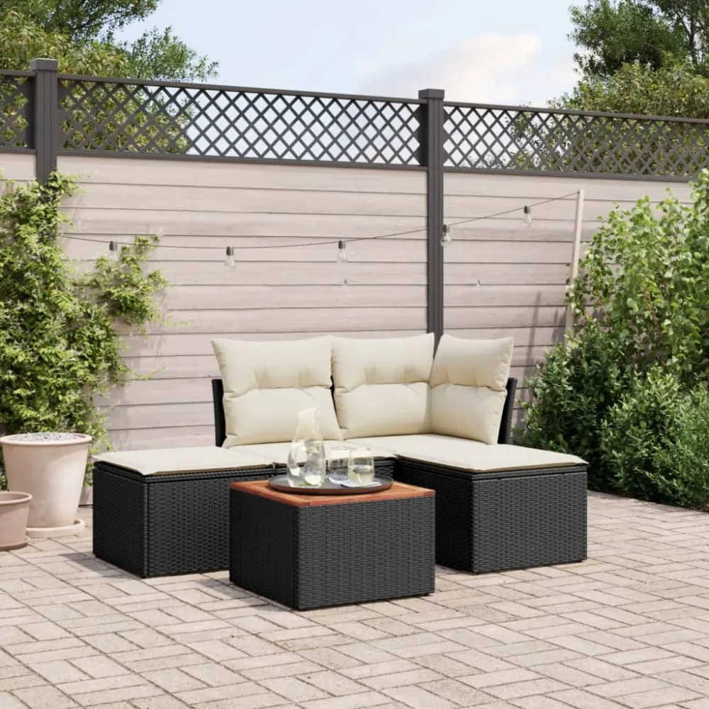 5-delige Loungeset met kussens poly rattan zwart vidaXL