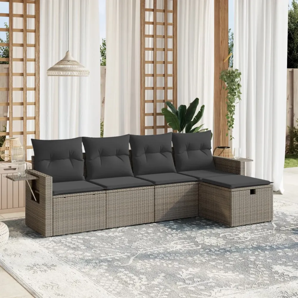 5-delige Loungeset met kussens poly rattan grijs vidaXL