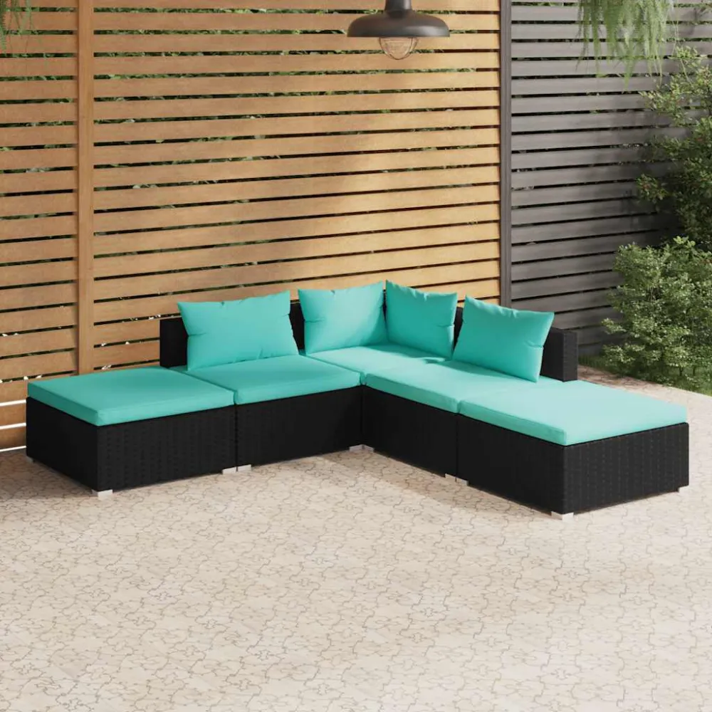5-delige Loungeset met kussens poly rattan zwart vidaXL