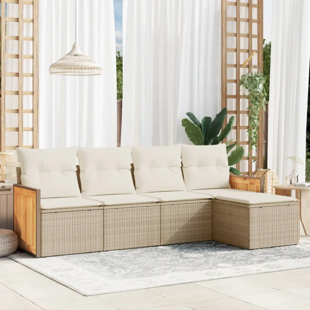 5-delige Loungeset met kussens poly rattan beige vidaXL