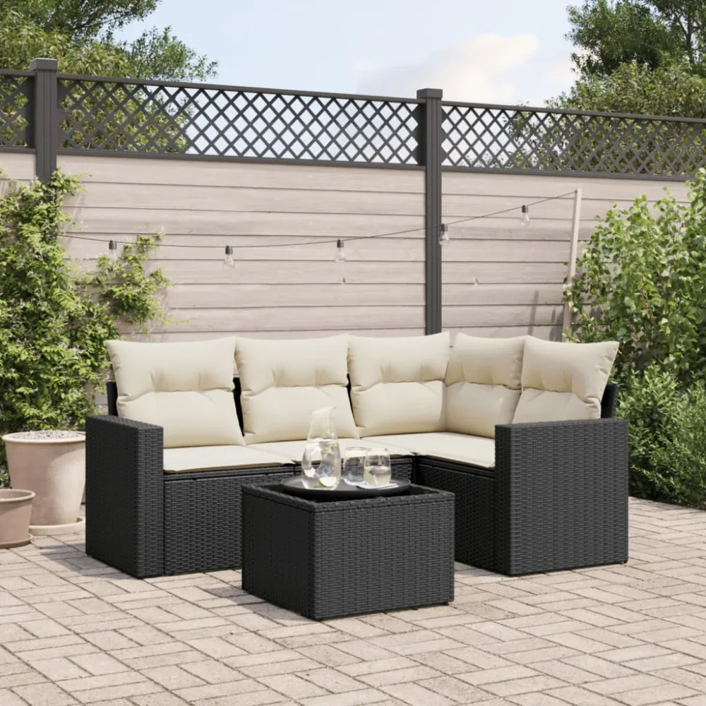 5-delige Loungeset met kussens poly rattan zwart vidaXL