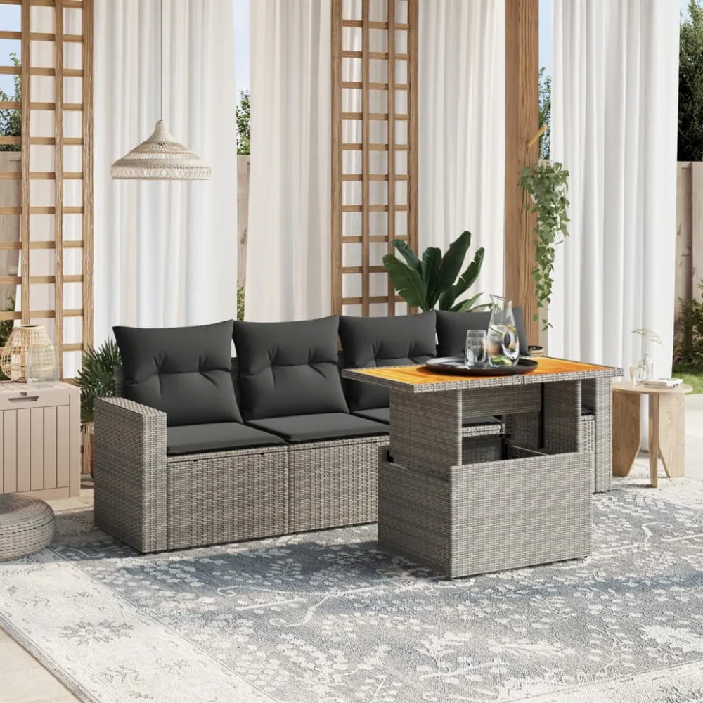 5-delige Loungeset met kussens poly rattan grijs vidaXL