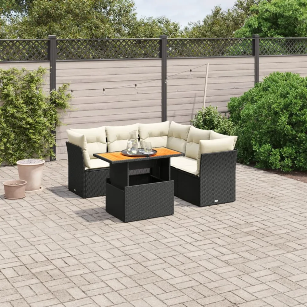 5-delige Loungeset met kussens poly rattan zwart vidaXL
