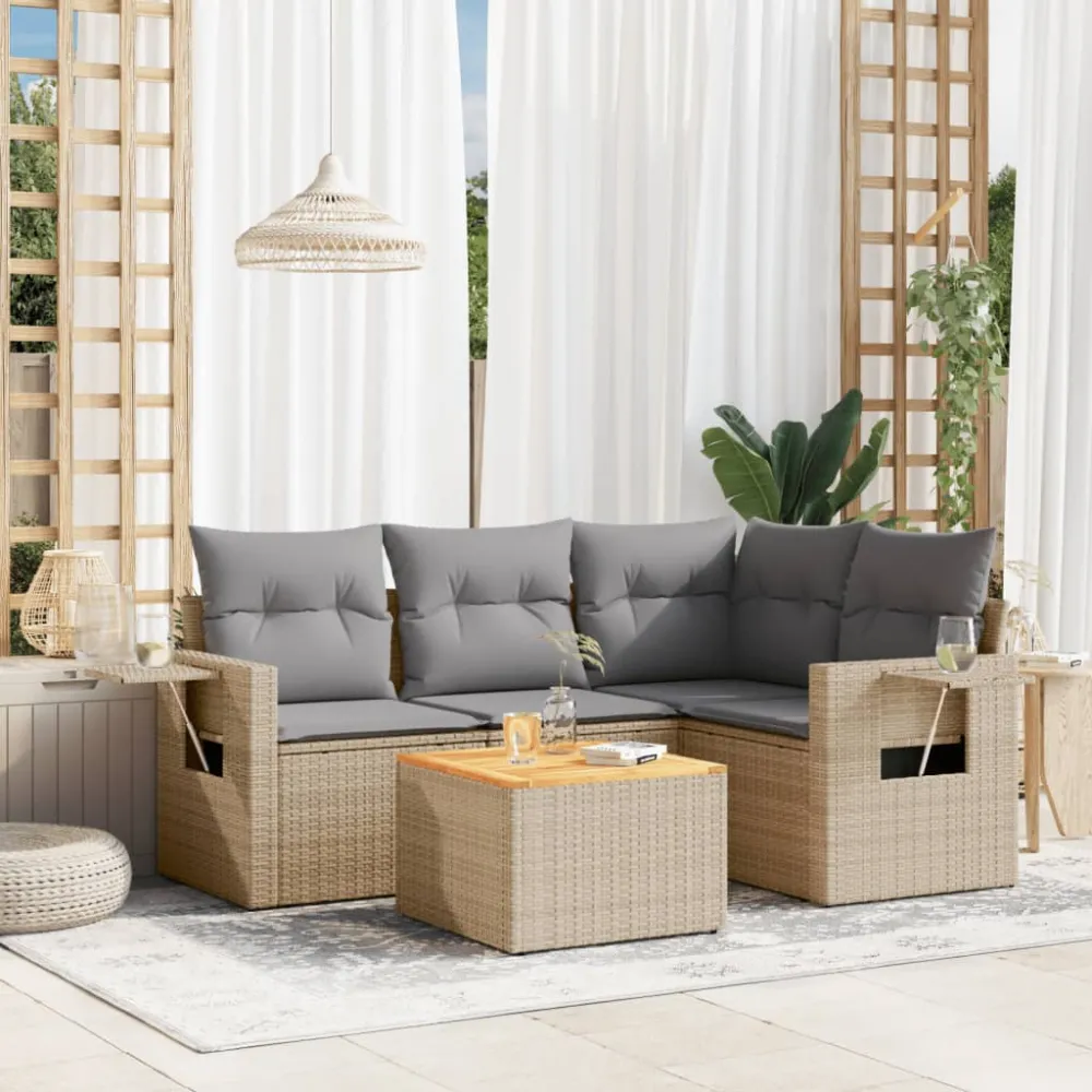 5-delige Loungeset met kussens poly rattan beige vidaXL