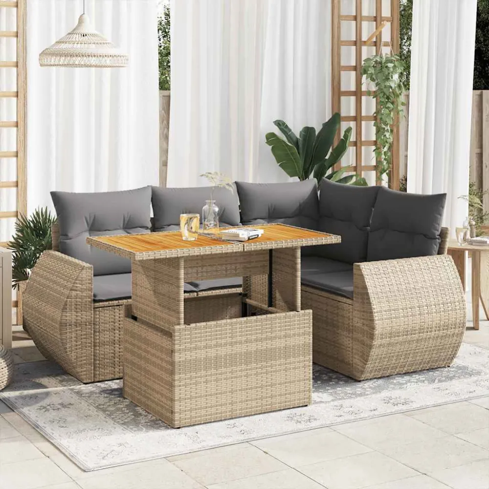 5-delige Loungeset met kussens poly rattan beige vidaXL