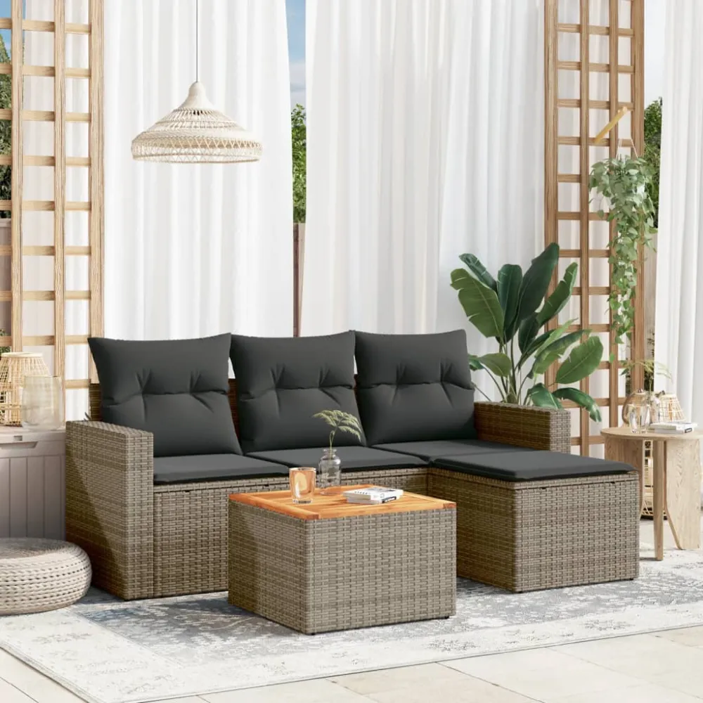 5-delige Loungeset met kussens poly rattan grijs vidaXL