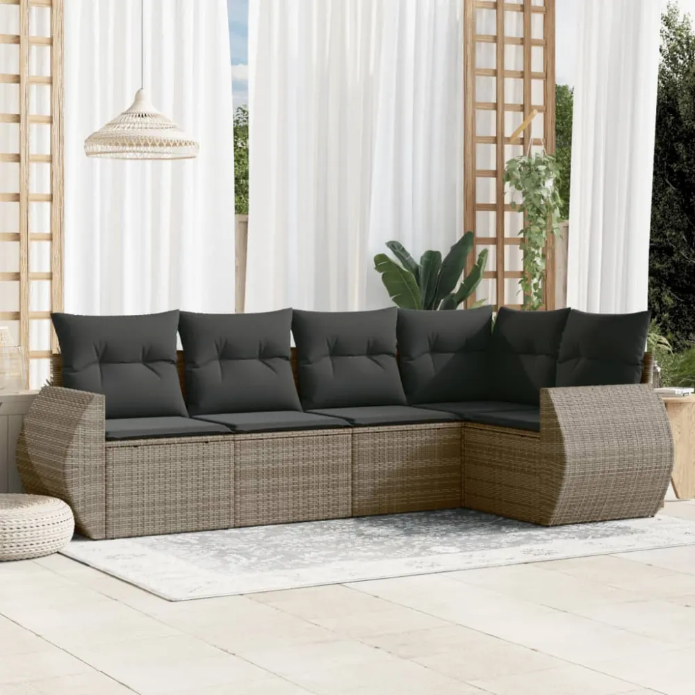 5-delige Loungeset met kussens poly rattan grijs vidaXL