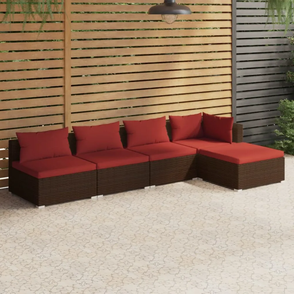 5-delige Loungeset met kussens poly rattan bruin vidaXL