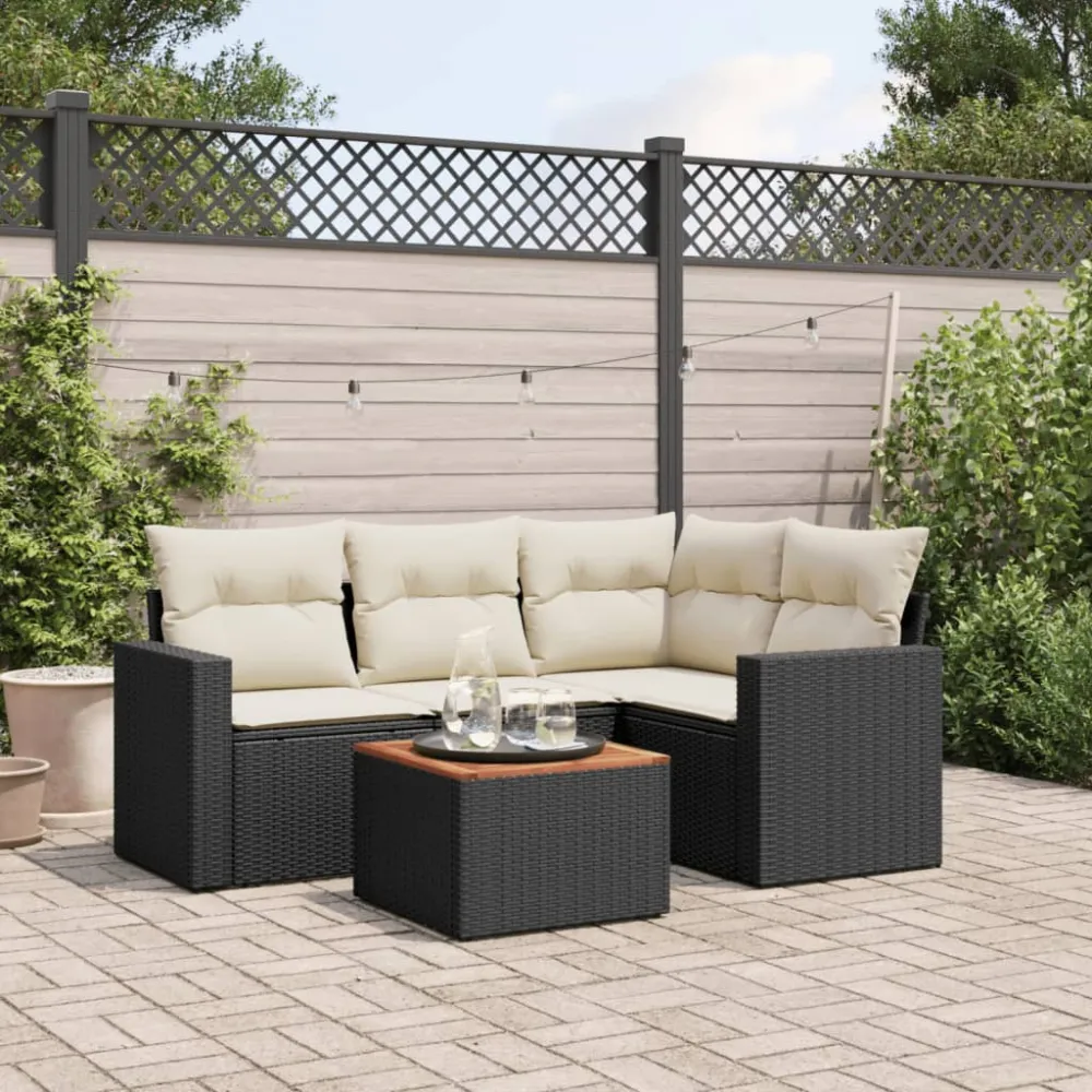 5-delige Loungeset met kussens poly rattan zwart vidaXL