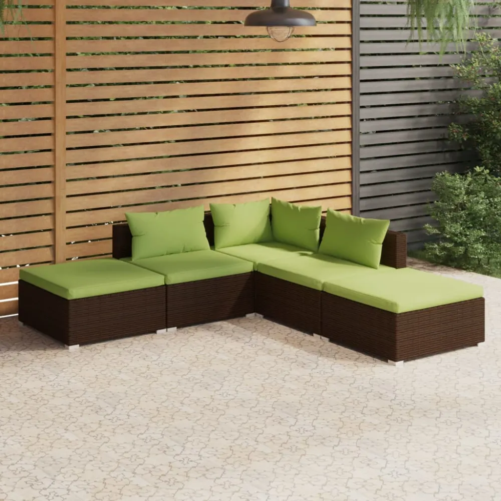 5-delige Loungeset met kussens poly rattan bruin vidaXL