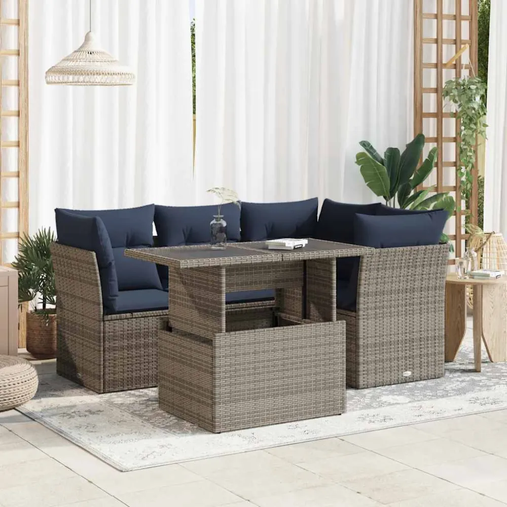 5-delige Loungeset met kussens poly rattan acacia grijs vidaXL