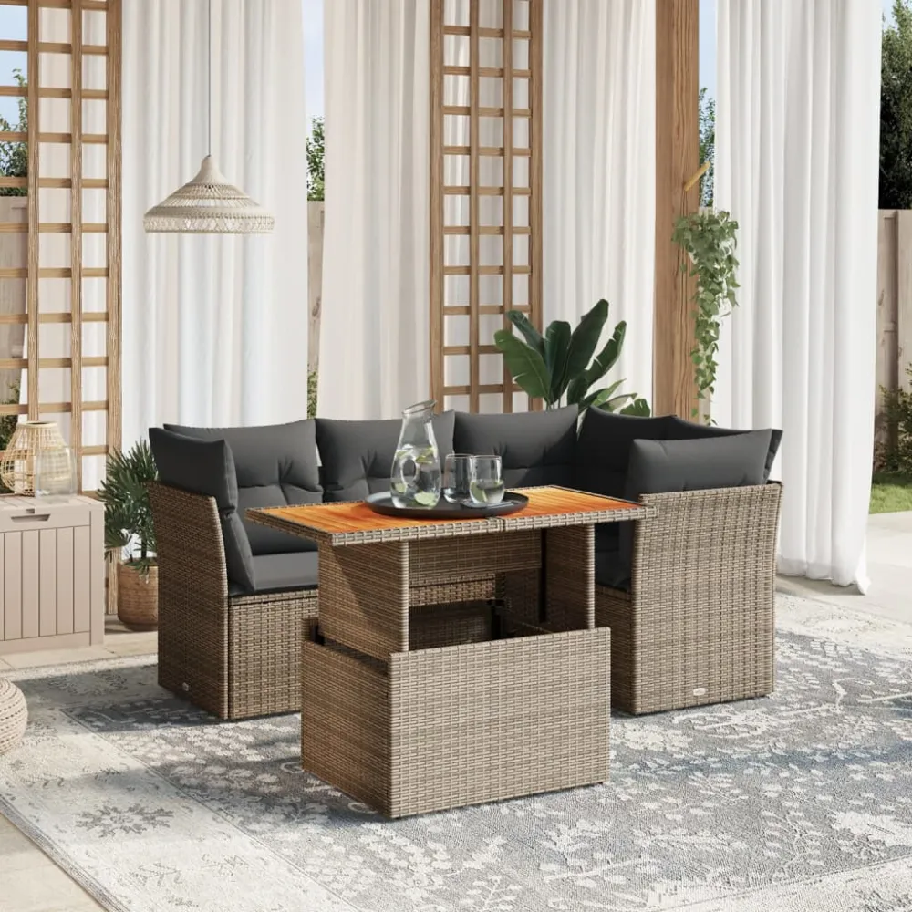 5-delige Loungeset met kussens poly rattan grijs vidaXL