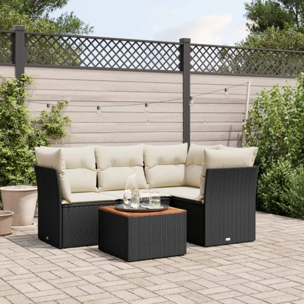 5-delige Loungeset met kussens poly rattan zwart vidaXL
