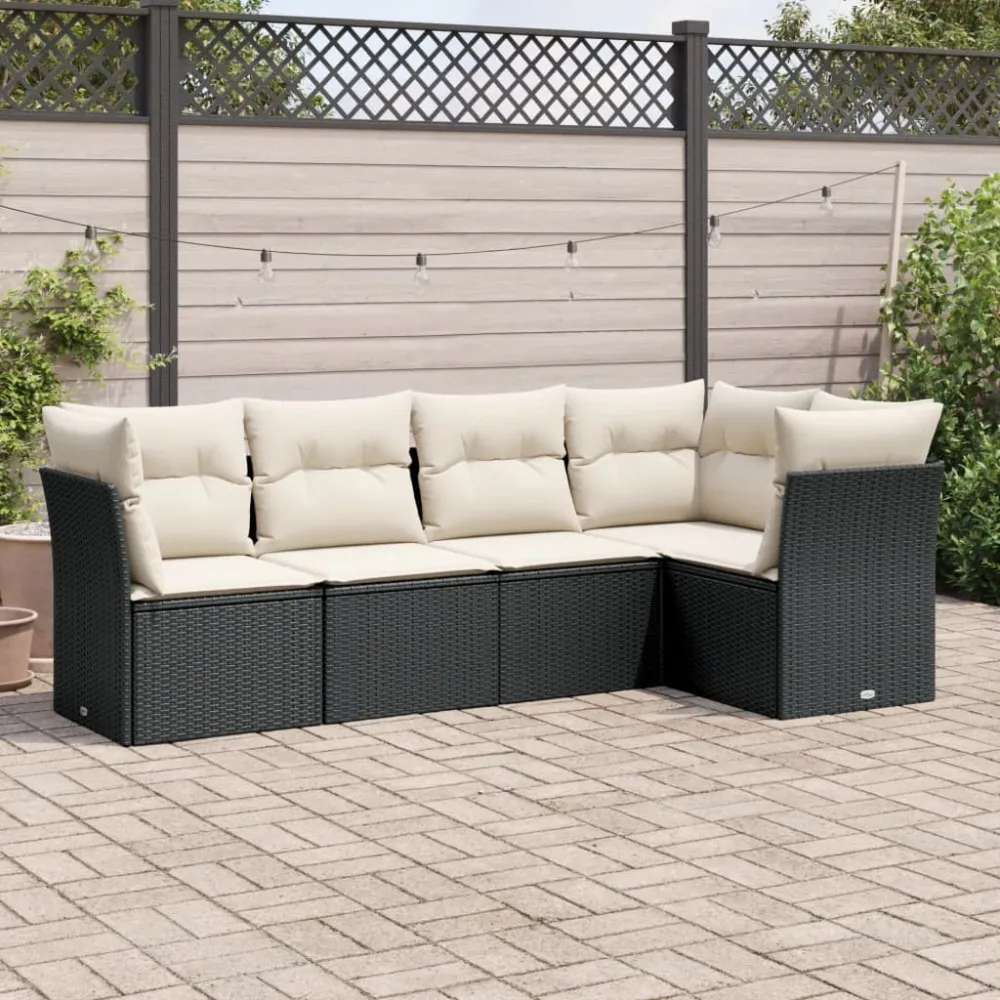 5-delige Loungeset met kussens poly rattan zwart vidaXL