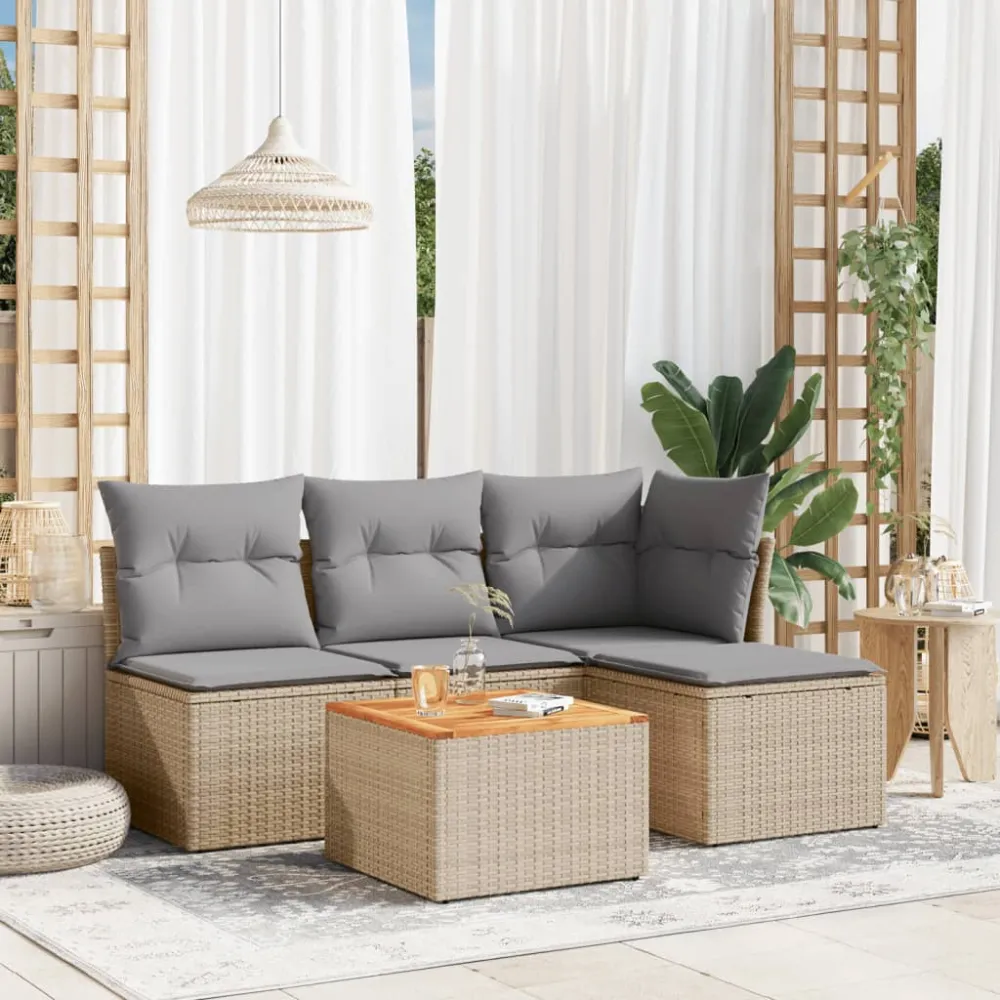 5-delige Loungeset met kussens poly rattan beige vidaXL