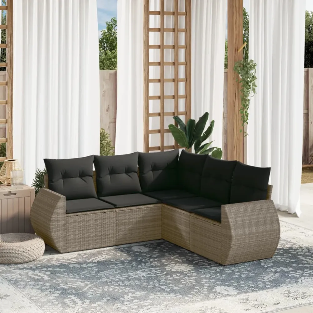 5-delige Loungeset met kussens poly rattan grijs vidaXL