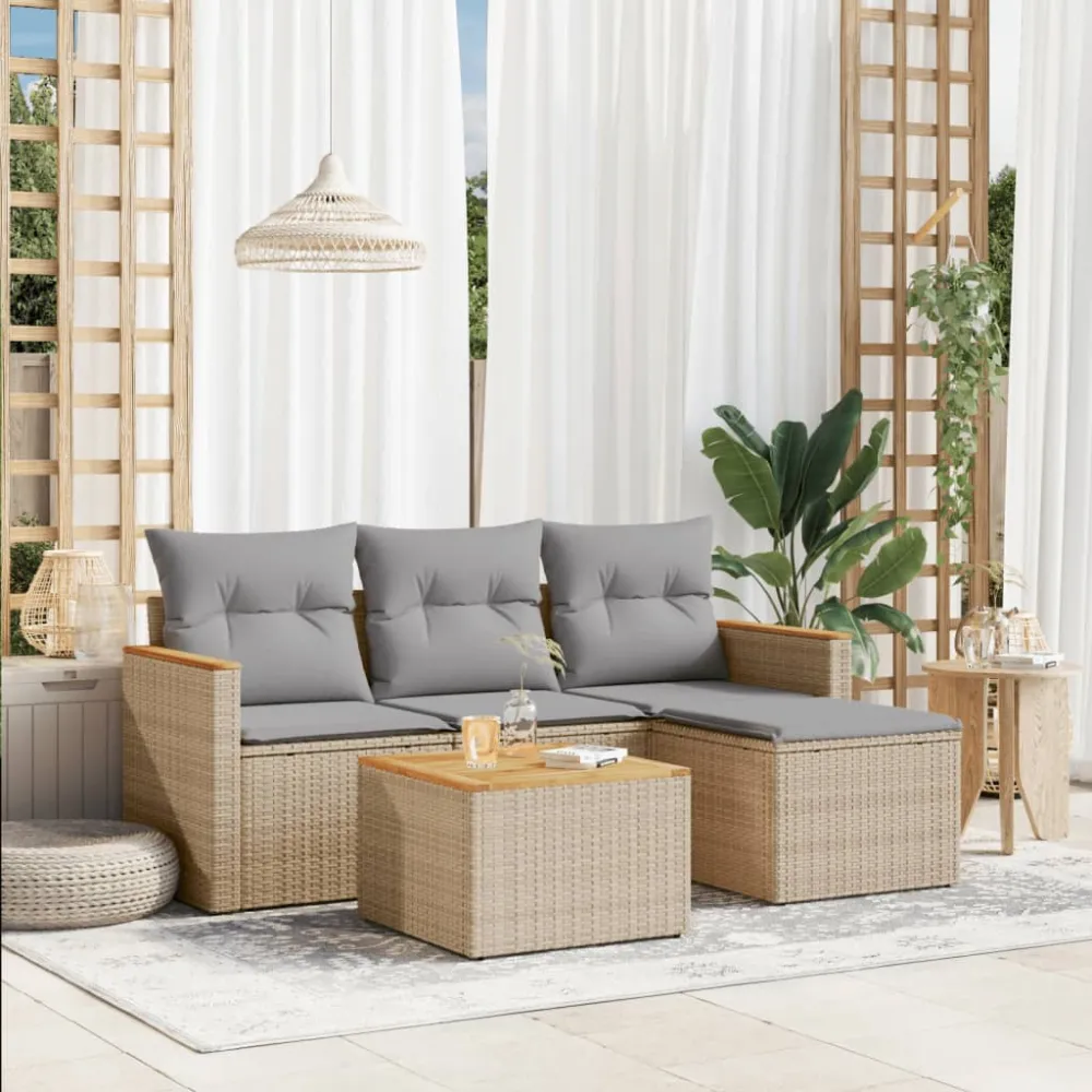 5-delige Loungeset met kussens poly rattan gemengd beige vidaXL