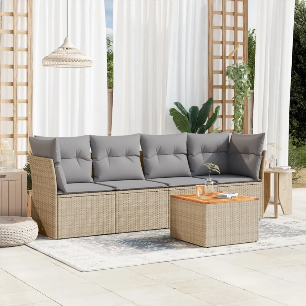 5-delige Loungeset met kussens poly rattan beige vidaXL