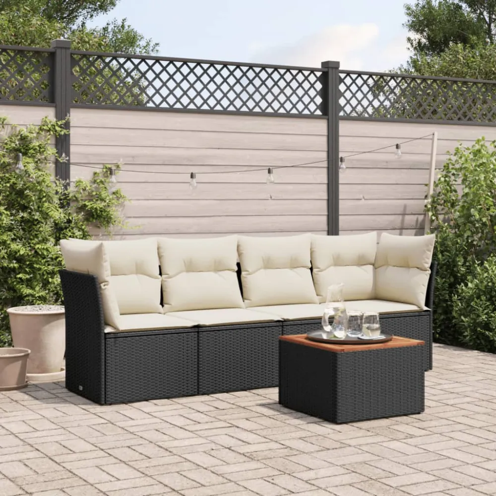5-delige Loungeset met kussens poly rattan zwart vidaXL